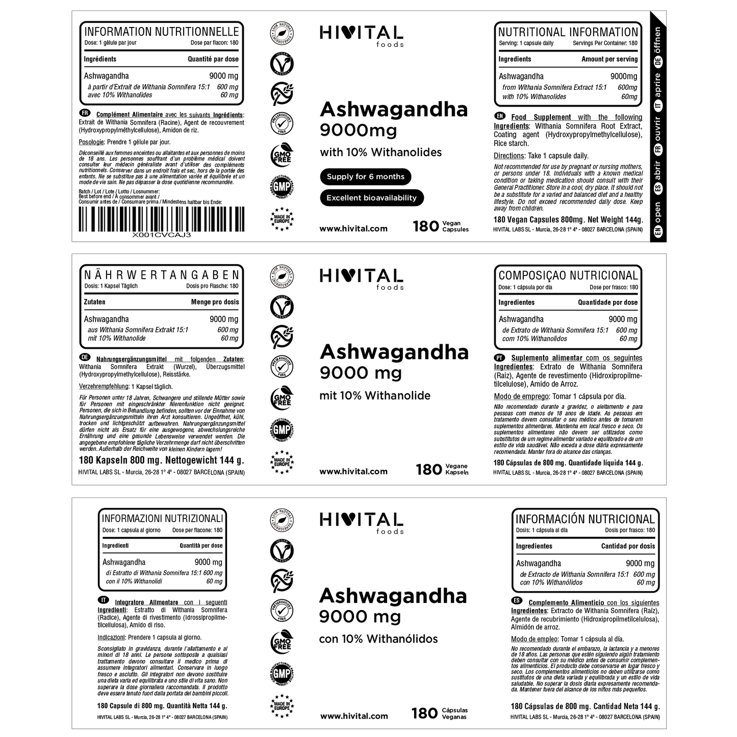 Ashwagandha 600mg da Hivital (180 cápsulas veganas)