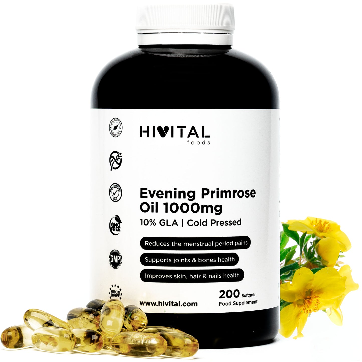 Óleo de Onagra - Evening Primrose Oil 1000mg da Hivital (200 cápsulas moles)