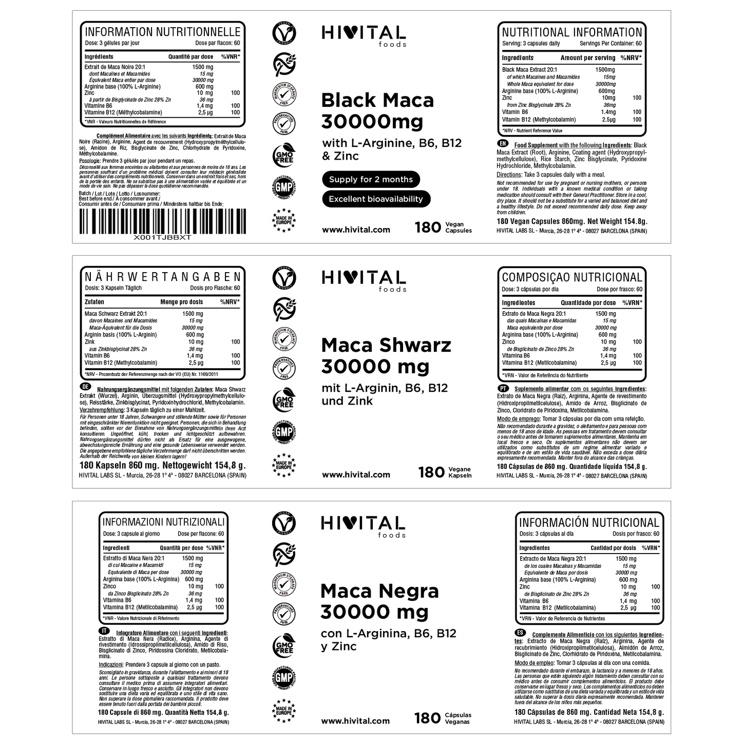 Maca Negra - Black Maca 30000mg da Hivital (180 cápsulas veganas)