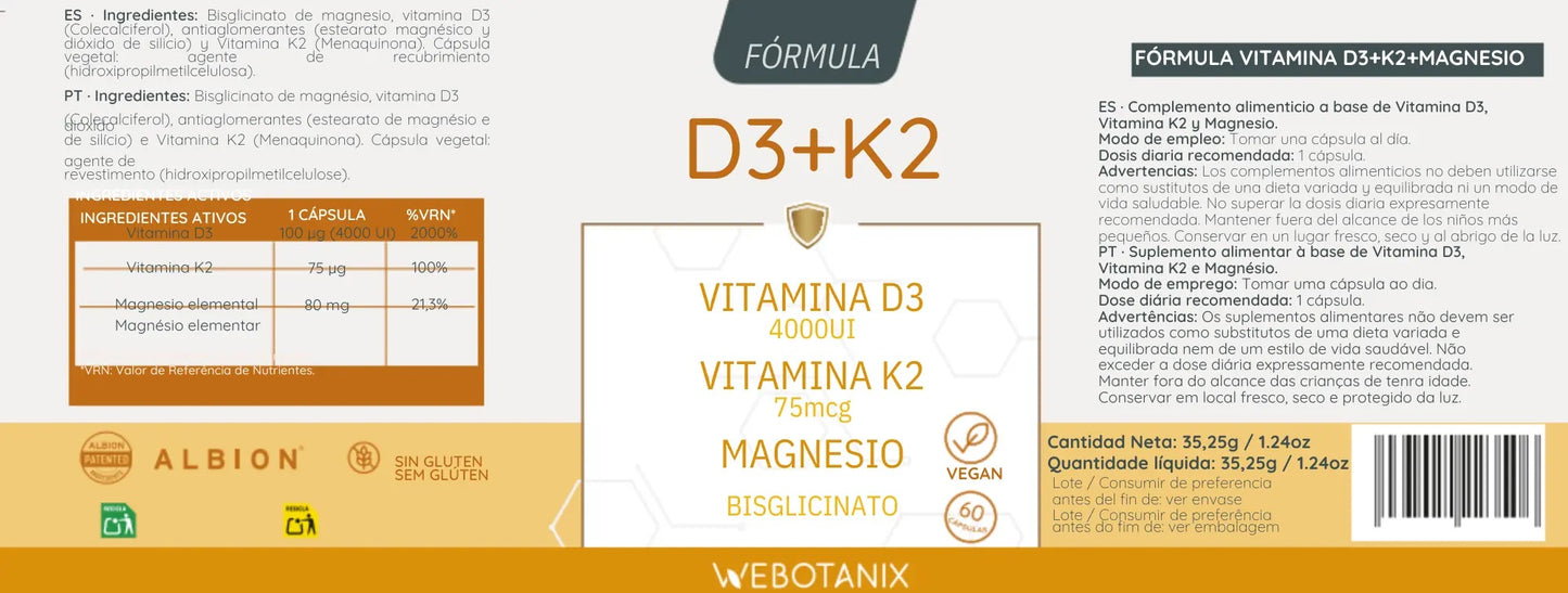 Vitamina D3 e K2 + Magnésio Bisglicinato da WebBotanix (60 cápsulas)