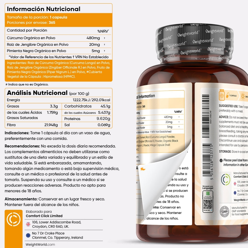 Cúrcuma Orgânica com Pimenta Preta Orgânica e Gengibre Orgânico 505mg da WeightWorld (365 Cápsulas)