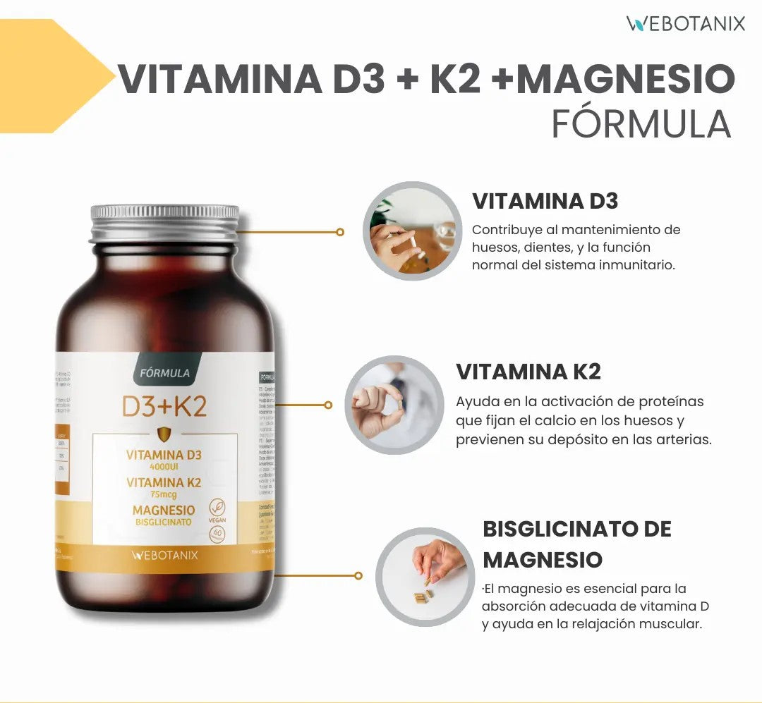 Vitamina D3 e K2 + Magnésio Bisglicinato da WebBotanix (60 cápsulas)
