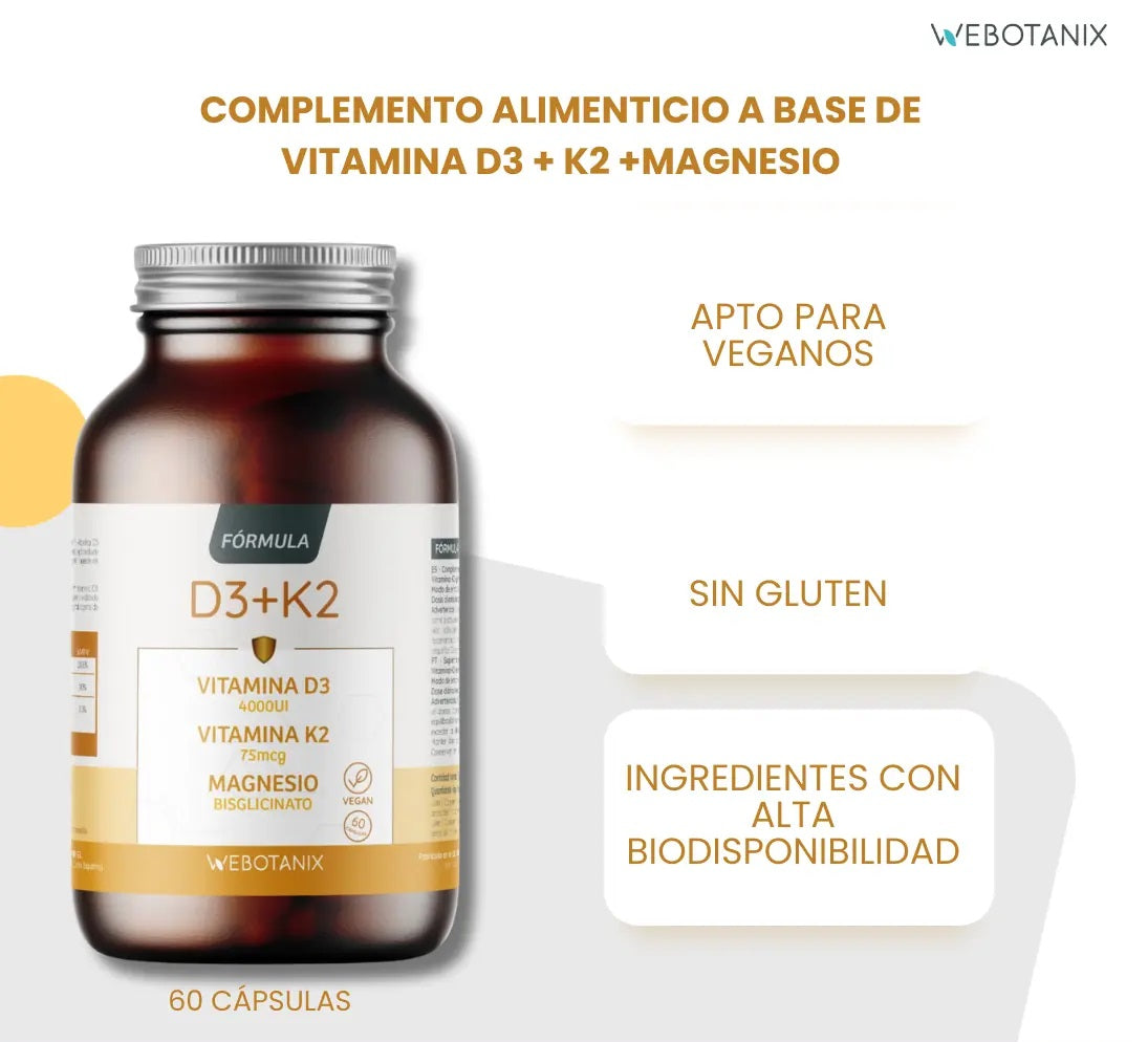 Vitamina D3 e K2 + Magnésio Bisglicinato da WebBotanix (60 cápsulas)
