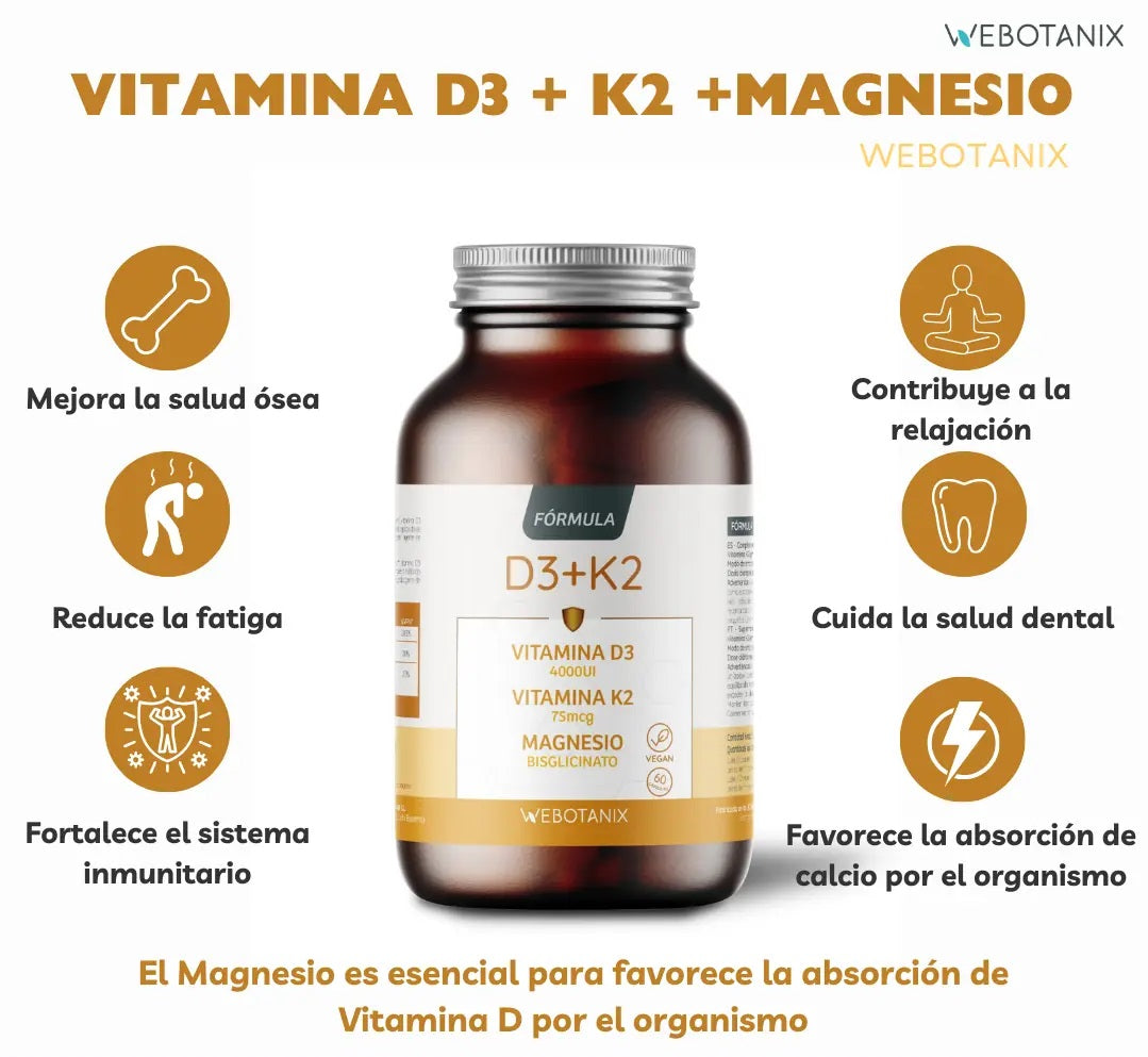 Vitamina D3 e K2 + Magnésio Bisglicinato da WebBotanix (60 cápsulas)