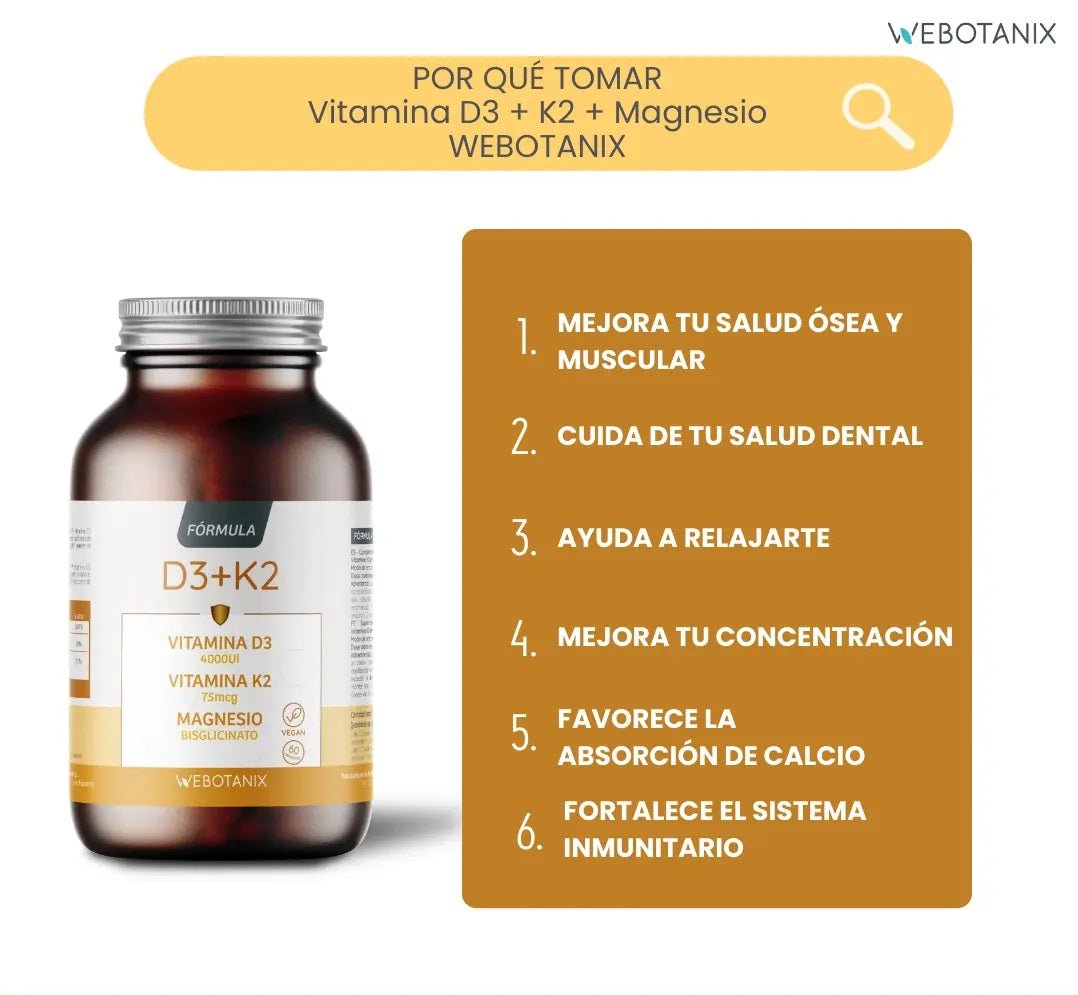Vitamina D3 e K2 + Magnésio Bisglicinato da WebBotanix (60 cápsulas)