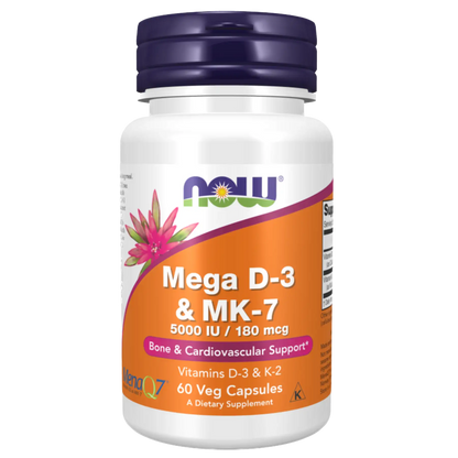 Vitamina D3 5000IU - Mega D-3 & MK-7 da Now Foods (60 cápsulas)