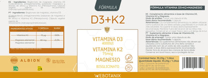 Vitamina D3 e K2 + Magnésio Bisglicinato da WebBotanix (60 cápsulas)