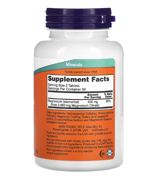 Mineral Citrato de Magnésio - Magnesium Citrate 200 mg da Now Foods (100 comprimidos)
