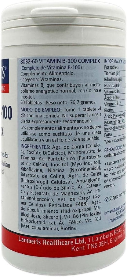 Vitaminas do complexo B - Vitamin B-100 Complex da Lamberts (60 comprimidos)