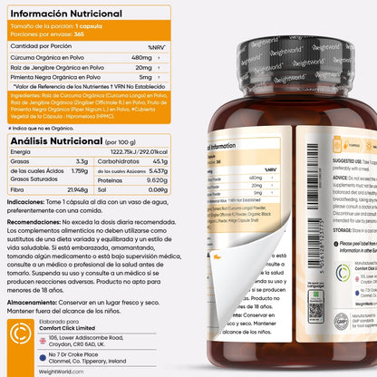 Cúrcuma Orgânica com Pimenta Preta Orgânica e Gengibre Orgânico 505mg da WeightWorld (365 Cápsulas)