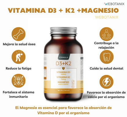 Vitamina D3 e K2 + Magnésio Bisglicinato da WebBotanix (60 cápsulas)