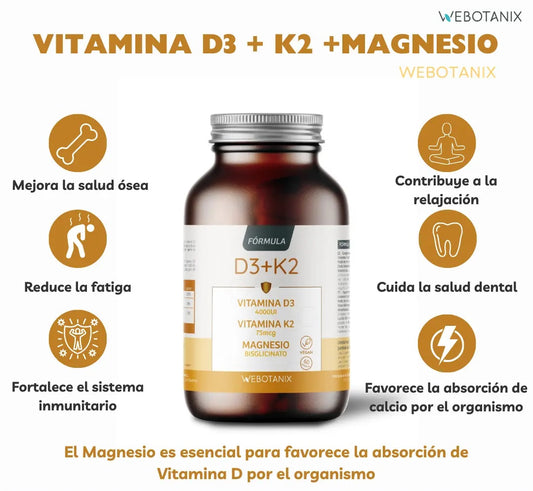 Vitamina D3 e K2 + Magnésio Bisglicinato da WebBotanix (60 cápsulas)