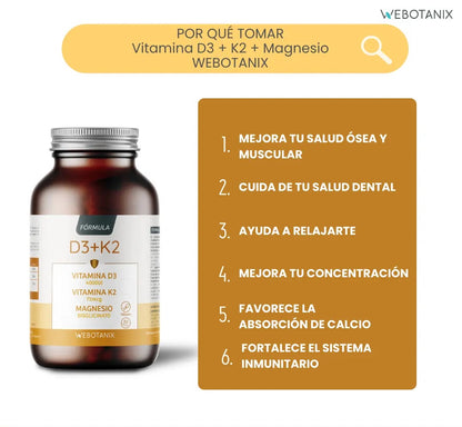 Vitamina D3 e K2 + Magnésio Bisglicinato da WebBotanix (60 cápsulas)
